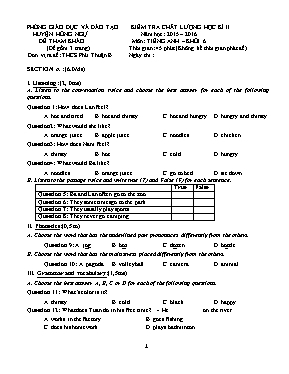 Đề đề xuất kiểm tra chất lượng học kỳ II môn Tiếng Anh Lớp 6 - Năm học 2015-2016 - Phòng GD & ĐT Hồng Ngự (Có đáp án)